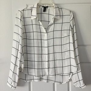 Black and White Silky Grid Blouse, Button Up Dressy Shirt, Size Large